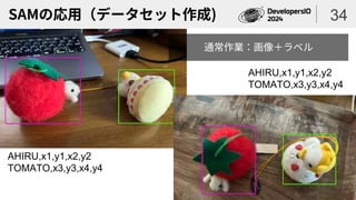 SAMの応用（データセット作成) 34
AHIRU,x1,y1,x2,y2
TOMATO,x3,y3,x4,y4
AHIRU,x1,y1,x2,y2
TOMATO,x3,y3,x4,y4
通常作業：画像＋ラベル
 