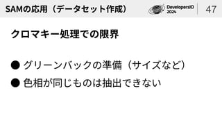 SAMの応用（データセット作成）
クロマキー処理での限界
● グリーンバックの準備（サイズなど）
● 色相が同じものは抽出できない
47
 