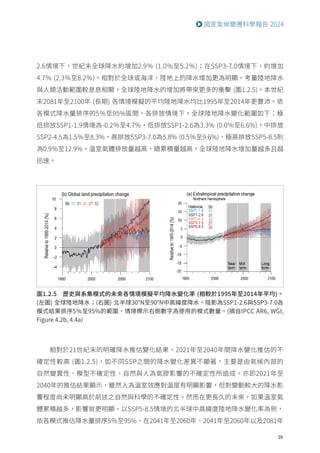 39
國家氣候變遷科學報告 2024
2.6情境下，世紀末全球降水約增加2.9％ (1.0％至5.2％)；在SSP3-7.0情境下，約增加
4.7％ (2.3％至8.2％)。相對於全球或海洋，陸地上的降水增加更為明顯。考量陸地降水
與人類活動範圍較息息相關，全球陸地降水的增加將帶來更多的衝擊 (圖1.2.5)。本世紀
末2081年至2100年 (長期) 各情境模擬的平均陸地降水均比1995年至2014年更豐沛。依
各模式降水量排序的5％至95%區間，各排放情境下，全球陸地降水變化範圍如下：極
低排放SSP1-1.9情境為-0.2％至4.7%，低排放SSP1-2.6為3.3% (0.0％至6.6%)，中排放
SSP2-4.5為1.5％至8.3%，高排放SSP3-7.0為5.8% (0.5％至9.6%)，極高排放SSP5-8.5則
為0.9％至12.9%。溫室氣體排放量越高，總累積量越高，全球陸地降水增加量越多且越
迅速。
圖1.2.5 歷史與系集模式的未來各情境模擬平均降水變化率 (相較於1995年至2014年平均)。
(左圖) 全球陸地降水；(右圖) 北半球30°N至90°N中高緯度降水。陰影為SSP1-2.6與SSP3-7.0各
模式結果排序5％至95%的範圍，情境標示右側數字為使用的模式數量。(摘自IPCC AR6, WGI,
Figure 4.2b, 4.4a)
相對於21世紀末的明確降水推估變化結果，2021年至2040年間降水變化推估的不
確定性較高 (圖1.2.5)，如不同SSP之間的降水變化差異不顯著，主要是由氣候內部的
自然變異性、模型不確定性、自然與人為氣膠影響的不確定性所造成。亦即2021年至
2040年的推估結果顯示，雖然人為溫室效應對溫度有明顯影響，但對變動較大的降水影
響程度尚未明顯高於前述之自然與科學的不確定性。然而在更長久的未來，如果溫室氣
體累積越多，影響就更明顯。以SSP5-8.5情境的北半球中高緯度陸地降水變化率為例，
依各模式推估降水量排序5％至95%，在2041年至2060年、2041年至2060年以及2081年
 