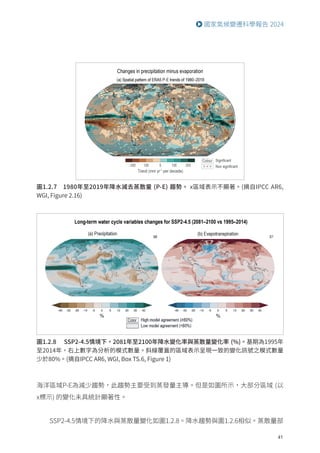 41
國家氣候變遷科學報告 2024
圖1.2.7 1980年至2019年降水減去蒸散量 (P-E) 趨勢。 x區域表示不顯著。(摘自IPCC AR6,
WGI, Figure 2.16)
海洋區域P-E為減少趨勢，此趨勢主要受到蒸發量主導。但是如圖所示，大部分區域 (以
x標示) 的變化未具統計顯著性。
SSP2-4.5情境下的降水與蒸散量變化如圖1.2.8。降水趨勢與圖1.2.6相似。蒸散量部
圖1.2.8 SSP2-4.5情境下，2081年至2100年降水變化率與蒸散量變化率 (%)。基期為1995年
至2014年，右上數字為分析的模式數量。斜線覆蓋的區域表示呈現一致的變化訊號之模式數量
少於80%。(摘自IPCC AR6, WGI, Box TS.6, Figure 1)
 