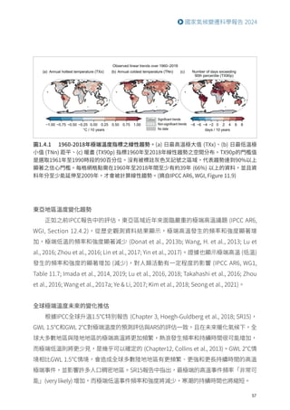 57
國家氣候變遷科學報告 2024
東亞地區溫度變化趨勢
正如之前IPCC報告中的評估，東亞區域近年來面臨嚴重的極端高溫議題 (IPCC AR6,
WGI, Section 12.4.2)，從歷史觀測資料結果顯示，極端高溫發生的頻率和強度顯著增
加，極端低溫的頻率和強度顯著減少 (Donat et al., 2013b; Wang, H. et al., 2013; Lu et
al., 2016; Zhou et al., 2016; Lin et al., 2017; Yin et al., 2017)。證據也顯示極端高溫 (低溫)
發生的頻率和強度的顯著增加 (減少)，對人類活動有一定程度的影響 (IPCC AR6, WG1,
Table 11.7; Imada et al., 2014, 2019; Lu et al., 2016, 2018; Takahashi et al., 2016; Zhou
et al., 2016; Wang et al., 2017a; Ye  Li, 2017; Kim et al., 2018; Seong et al., 2021)。
全球極端溫度未來的變化推估
根據IPCC全球升溫1.5℃特別報告 (Chapter 3, Hoegh-Guldberg et al., 2018; SR15)，
GWL 1.5℃和GWL 2℃對極端溫度的預測評估與AR5的評估一致，且在未來暖化氣候下，全
球大多數地區與陸地地區的極端高溫將更加頻繁，熱浪發生頻率和持續時間很可能增加，
而極端低溫則將更少見，是幾乎可以確定的 (Chapter12, Collins et al., 2013)。GWL 2℃情
境相比GWL 1.5℃情境，會造成全球多數陸地地區有更頻繁、更強和更長持續時間的高溫
極端事件，並影響許多人口稠密地區。SR15報告中指出，最極端的高溫事件頻率「非常可
能」(very likely) 增加，而極端低溫事件頻率和強度將減少，寒潮的持續時間也將縮短。
圖1.4.1 1960-2018年極端溫度指標之線性趨勢。(a) 日最高溫極大值 (TXx)、(b) 日最低溫極
小值 (TNn) 距平、(c) 暖晝 (TX90p) 指標1960年至2018年線性趨勢之空間分布。TX90p的門檻值
是選取1961年至1990時段的90百分位。沒有被標註灰色叉記號之區域，代表趨勢達到90%以上
顯著之信心門檻。每格網格點需在1960年至2018年間至少有約39年 (66%) 以上的資料，並且資
料年分至少能延伸至2009年，才會被計算線性趨勢。(摘自IPCC AR6, WGI, Figure 11.9)
 