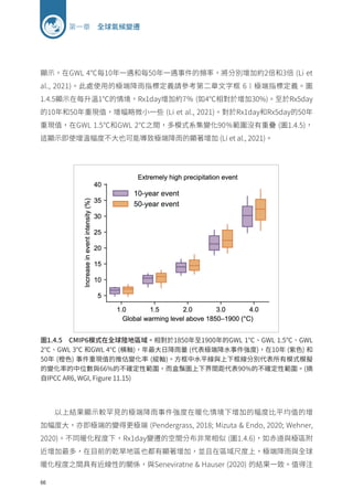 66
第一章 全球氣候變遷
顯示，在GWL 4℃每10年一遇和每50年一遇事件的頻率，將分別增加約2倍和3倍 (Li et
al., 2021)。此處使用的極端降雨指標定義請參考第二章文字框 6︱極端指標定義。圖
1.4.5顯示在每升溫1℃的情境，Rx1day增加約7％ (如4℃相對於增加30%)。至於Rx5day
的10年和50年重現值，增幅略微小一些 (Li et al., 2021)。對於Rx1day和Rx5day的50年
重現值，在GWL 1.5℃和GWL 2℃之間，多模式系集變化90％範圍沒有重疊 (圖1.4.5)，
這顯示即使增溫幅度不大也可能導致極端降雨的顯著增加 (Li et al., 2021)。
圖1.4.5 CMIP6模式在全球陸地區域。相對於1850年至1900年的GWL 1℃、GWL 1.5℃、GWL
2℃、GWL 3℃ 和GWL 4℃ (橫軸)，年最大日降雨量 (代表極端降水事件強度)，在10年 (紫色) 和
50年 (橙色) 事件重現值的推估變化率 (縱軸)。方框中水平線與上下框線分別代表所有模式模擬
的變化率的中位數與66%的不確定性範圍，而盒鬚圖上下界間距代表90%的不確定性範圍。(摘
自IPCC AR6, WGI, Figure 11.15)
以上結果顯示較罕見的極端降雨事件強度在暖化情境下增加的幅度比平均值的增
加幅度大，亦即極端的變得更極端 (Pendergrass, 2018; Mizuta  Endo, 2020; Wehner,
2020)。不同暖化程度下，Rx1day變遷的空間分布非常相似 (圖1.4.6)，如赤道與極區附
近增加最多，在目前的乾旱地區也都有顯著增加，並且在區域尺度上，極端降雨與全球
暖化程度之間具有近線性的關係，與Seneviratne  Hauser (2020) 的結果一致。值得注
 