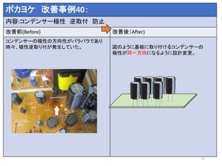 ポカヨケ 改善事例40：
内容:コンデンサー極性 逆取付 防止
改善前(Before) 改善後（After)
コンデンサーの極性の方向性がバラバラであり
時々、極性逆取り付が発生していた。 図のように基板に取り付けるコンデンサーの
極性が同一方向になるように設計変更。
43
 