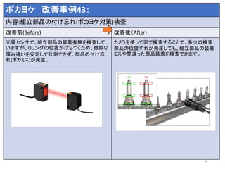 ポカヨケ 改善事例43：
内容:組立部品の付け忘れ(ポカヨケ対策)検査
改善前(Before) 改善後（After)
光電センサで、組立部品の装着有無を検査して
いますが、Oリングの位置がばらつくため、微妙な
厚み違いを安定して計測できず、部品の付け忘
れ(ポカミス)が発生。
カメラを使って面で検査することで、多少の検査
部品の位置ずれが発生しても、組立部品の装着
ミスや間違った部品装着を検査できます。
46
 