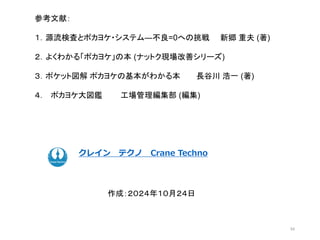ク コンサルティング
クレイン テクノ Crane Techno
54
参考文献：
１．源流検査とポカヨケ・システム―不良=0への挑戦 新郷 重夫 (著)
２．よくわかる「ポカヨケ」の本 (ナットク現場改善シリーズ)
３．ポケット図解 ポカヨケの基本がわかる本 長谷川 浩一 (著)
４． ポカヨケ大図鑑 工場管理編集部 (編集)
作成：２０２４年１０月２４日
 