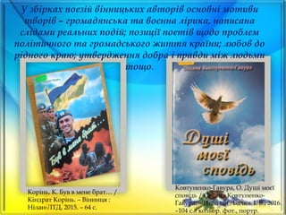 Корінь, К. Був в мене брат… /
Кіндрат Корінь. – Вінниця :
Нілан-ЛТД, 2015. – 64 с.
У збірках поезій вінницьких авторів основні мотиви
творів – громадянська та воєнна лірика, написана
слідами реальних подій; позиції поетів щодо проблем
політичного та громадського життя країни; любов до
рідного краю; утвердження добра і правди між людьми
тощо.
Ковтуненко-Гавура, О. Душі моєї
сповідь / Оксана Ковтуненко-
Гавура. – Вінниця : Балюк І. Б., 2016.
–104 с. : кольор. фот., портр.
 