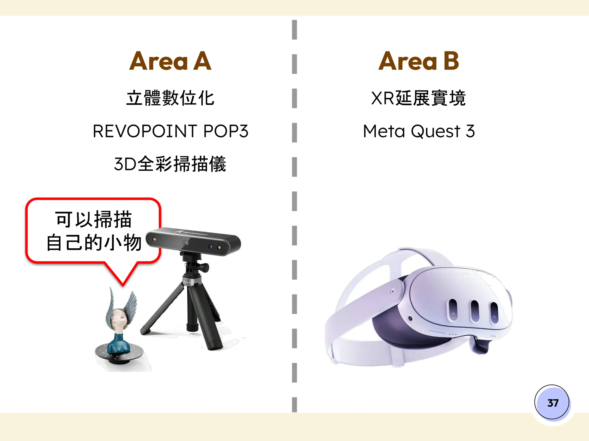 可以掃描
自己的小物
37
立體數位化
REVOPOINT POP3
3D全彩掃描儀
XR延展實境
Meta Quest 3
Area A Area B
 