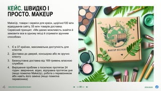 olena.tsysar
olena.tsysar
www.4service.group/olena-tsysar/
www.4service.group/olena-tsysar/
КЕЙС. ШВИДКО І
ПРОСТО. MAKEUP
MakeUp, товари і сервіси для краси, щорічно100 млн
відвідувачів сайту, 55 млн товарів доставка.
Сервісний принцип: «Ми даємо можливість знайти й
замовити все в одному місці й отримати зручним
способом»
--- 25 ---
1. Є в 37 країнах, максимальна доступність для
клієнтів
2. Доставка до дверей, консьєржа або як зручно
клієнту
3. Безкоштовна доставка від 169 гривень власною
службою
4. Вирішення проблем з посилкою протягом 24
годин: звернення, відео, відправка протягом дня
(якщо помилка MakeUp), робота з перевізником
або навіть його заміна (якщо помилка
перевізника)
 