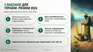 olena.tsysar
olena.tsysar
www.4service.group/olena-tsysar/
www.4service.group/olena-tsysar/
5 ВИКЛИКІВ ДЛЯ
УКРАЇНИ. РИЗИКИ 2024
Думка українських СХ експертів, січень 2024
--- 27 ---
1.
Фінансові ризики для
бізнесу через інфляцію і
спад економіки
5. Недостатність фінансів для інвестицій в СХ, UX, AI
2.
Брак кваліфікованого
персоналу і демографічна
криза
3.
Моральне і психологічне
спустошеня, низька
толерантність до помилок
5.
Фізичні, інформаційні і
психологічні бар’єри,
відсутність інклюзивності
 