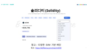 27
솔리디티 (Solidity)
스마트 컨트랙트를 개발하기 위해 설계된 정적 타입의 객체 지향 프로그래밍 언어
참고 : 다양한 EVM 기반 체인
링크 : https://defillama.com/chain/inEVM
01 전문가과정 - 개발총론
 