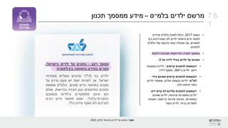 •
‫בשנת‬
2017
,
‫בלמ‬ ‫לפתח‬ ‫החלו‬
"
‫מדדים‬ ‫ס‬
‫בין‬ ‫סטנדרטים‬ ‫לפי‬ ‫ילדים‬ ‫ורווחת‬ ‫חיים‬ ‫לתנאי‬
-
‫לאומיים‬
,
‫של‬ ‫בהגעה‬ ‫קושי‬ ‫מתגלה‬ ‫אך‬
‫הלמ‬
"
‫ס‬
‫לנתונים‬
.
•
‫לינקות‬ ‫מובחנת‬ ‫התייחסות‬ ‫חסרה‬ ‫במסמך‬
•
‫עד‬ ‫לידה‬ ‫בגילי‬ ‫ילדים‬ ‫על‬ ‫נתונים‬
3
:
•
‫קיימים‬ ‫לנתונים‬ ‫דוגמאות‬
:
‫במעונות‬ ‫ילדים‬
‫היום‬
,
‫ב־‬ ‫ילדים‬
360
,
‫לידה‬ ‫משקל‬
•
‫בידי‬ ‫שאינם‬ ‫קיימים‬ ‫לנתונים‬ ‫דוגמאות‬
‫למ‬
"
‫ס‬
:
‫חולים‬ ‫בקופות‬ ‫ילדים‬
,
‫ילדים‬ ‫אשפוזי‬
,
‫חלב‬ ‫טיפות‬ ‫נתוני‬
.
•
‫ידע‬ ‫קיים‬ ‫לא‬ ‫עליהם‬ ‫לנתונים‬ ‫דוגמאות‬
:
‫פרטיות‬ ‫במסגרות‬ ‫ילדים‬
,
‫שאינם‬ ‫ילדים‬
‫במסגרות‬
,
‫בריאות‬ ‫שירותי‬ ‫זמינות‬
,
‫חשיפה‬
‫בבית‬ ‫לספרים‬
,
‫בעוני‬ ‫ילדים‬
‫מקור‬
:
‫בישראל‬ ‫ילדים‬ ‫על‬ ‫נתונים‬
,
‫למ‬
"
‫ס‬
,
2023
7.6.
1
‫בלמ״ס‬ ‫ילדים‬ ‫מרשם‬
–
‫תכנון‬ ‫ממסמך‬ ‫מידע‬
 