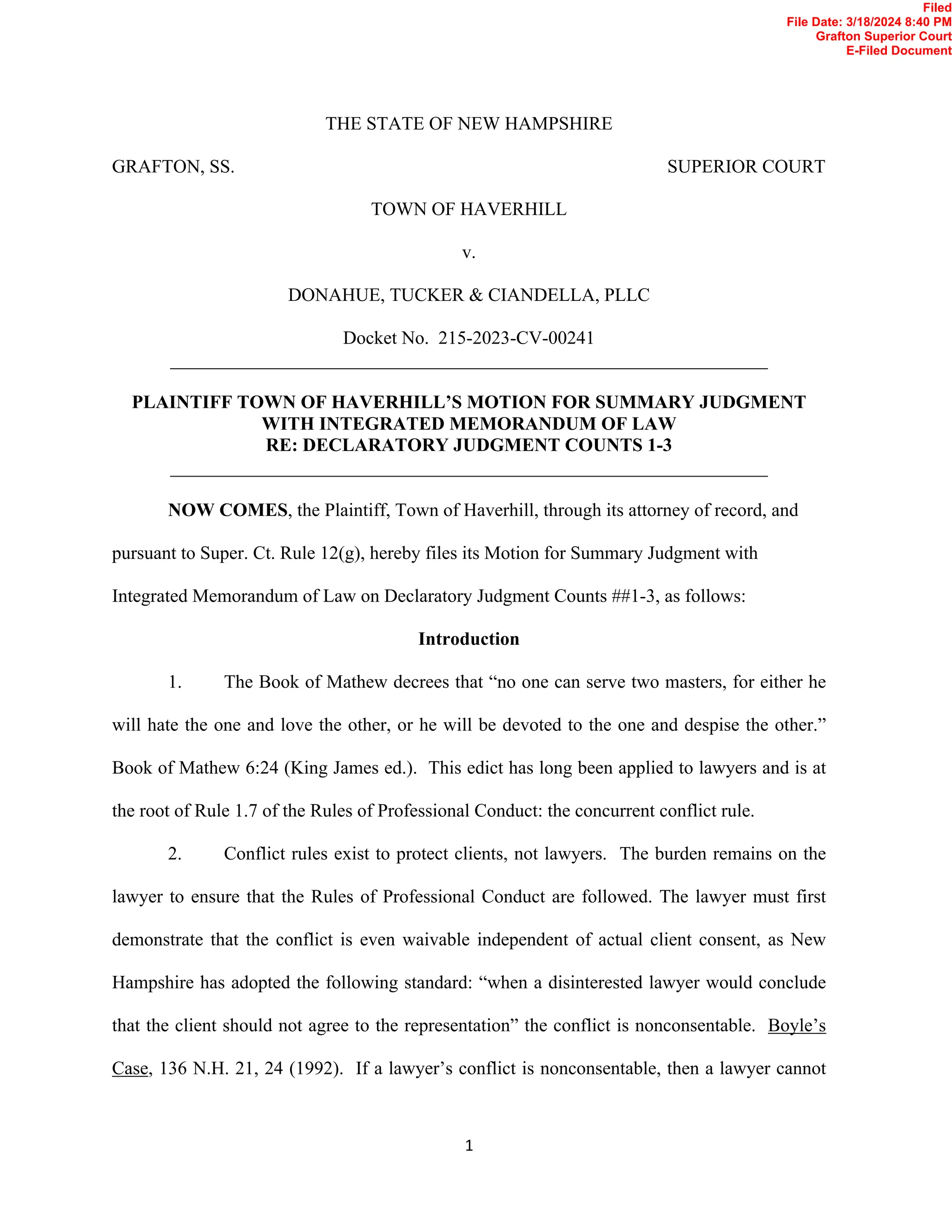 Town of Haverhill's Summary Judgment Motion for Declaratory Judgment