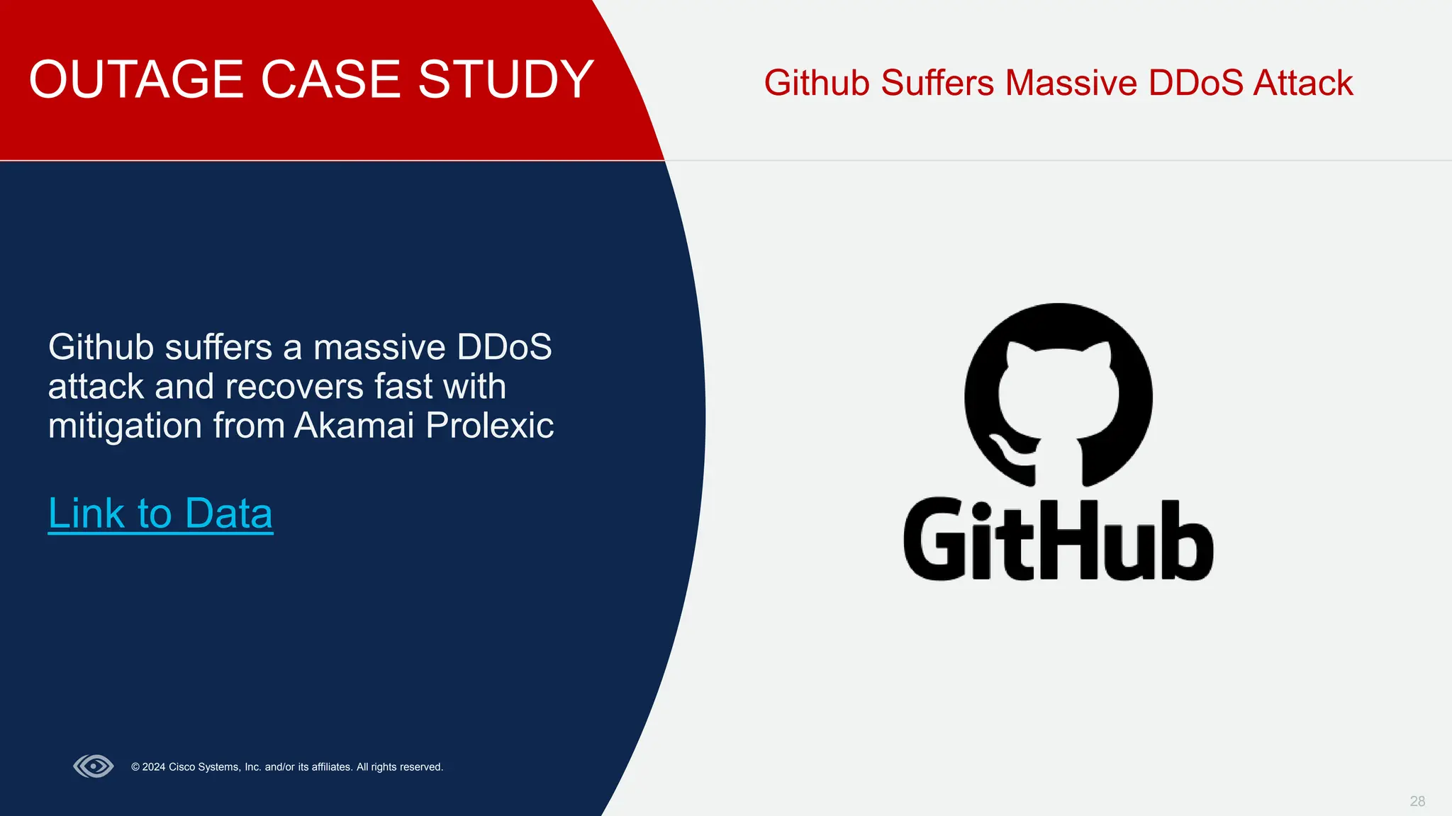 OUTAGE CASE STUDY
28
Github Suffers Massive DDoS Attack
Github suffers a massive DDoS
attack and recovers fast with
mitigation from Akamai Prolexic
Link to Data
© 2024 Cisco Systems, Inc. and/or its affiliates. All rights reserved.
 
