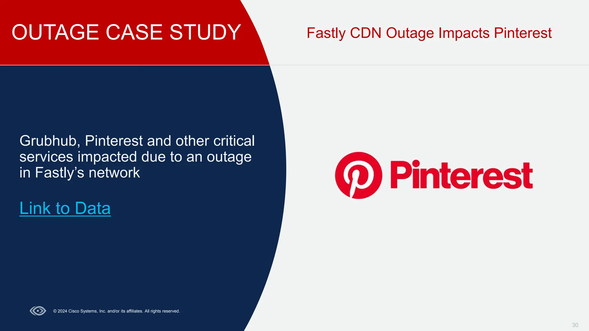 OUTAGE CASE STUDY
30
Fastly CDN Outage Impacts Pinterest
Grubhub, Pinterest and other critical
services impacted due to an outage
in Fastly’s network
Link to Data
© 2024 Cisco Systems, Inc. and/or its affiliates. All rights reserved.
 