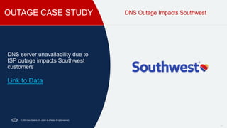 OUTAGE CASE STUDY
31
DNS Outage Impacts Southwest
DNS server unavailability due to
ISP outage impacts Southwest
customers
Link to Data
© 2024 Cisco Systems, Inc. and/or its affiliates. All rights reserved.
 