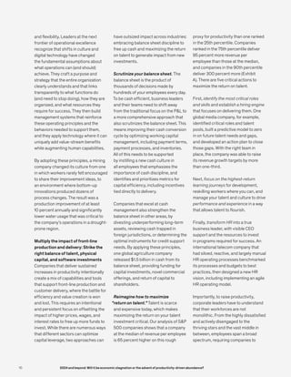 and flexibility. Leaders at the next
frontier of operational excellence
recognize that shifts in culture and
digital technology have changed
the fundamental assumptions about
what operations can (and should)
achieve. They craft a purpose and
strategy that the entire organization
clearly understands and that links
transparently to what functions do
(and need to stop doing), how they are
organized, and what resources they
require for success. They then build
management systems that reinforce
these operating principles and the
behaviors needed to support them,
and they apply technology where it can
uniquely add value-stream benefits
while augmenting human capabilities.
By adopting these principles, a mining
company changed its culture from one
in which workers rarely felt encouraged
to share their improvement ideas, to
an environment where bottom-up
innovations produced dozens of
process changes. The result was a
production improvement of at least
10 percent annually and significantly
lower water usage that was critical to
the company’s operations in a drought-
prone region.
Multiply the impact of front-line
production and delivery: Strike the
right balance of talent, physical
capital, and software investments
Companies that deliver sustained
increases in productivity intentionally
create a mix of capabilities and tools
that support front-line production and
customer delivery, where the battle for
efficiency and value creation is won
and lost. This requires an intentional
and persistent focus on offsetting the
impact of higher prices, wages, and
interest rates to free up more funds to
invest. While there are numerous ways
that different sectors can optimize
capital leverage, two approaches can
have outsized impact across industries:
embracing balance sheet discipline to
free up cash and maximizing the return
on talent to generate impact from new
investments.
Scrutinize your balance sheet. The
balance sheet is the product of
thousands of decisions made by
hundreds of your employees every day.
To be cash efficient, business leaders
and their teams need to shift away
from the traditional focus on the P&L to
a more comprehensive approach that
also scrutinizes the balance sheet. This
means improving their cash conversion
cycle by optimizing working capital
management, including payment terms,
payment processes, and inventories.
All of this needs to be supported
by instilling a new cash culture in
all employees that emphasizes the
importance of cash discipline, and
identifies and prioritizes metrics for
capital efficiency, including incentives
tied directly to delivery.
Companies that excel at cash
management also strengthen the
balance sheet in other areas, by
divesting underperforming long-term
assets, reviewing cash trapped in
foreign jurisdictions, or determining the
optimal instruments for credit support
needs. By applying these principles,
one global agriculture company
released $1.5 billion in cash from its
balance sheet, providing funding for
capital investments, novel commercial
offerings, and return of capital to
shareholders.
Reimagine how to maximize
“return on talent.” Talent is scarce
and expensive today, which makes
maximizing the return on your talent
investment critical. Our analysis of S&P
500 companies shows that a company
at the median of revenue per employee
is 65 percent higher on this rough
proxy for productivity than one ranked
in the 25th percentile. Companies
ranked in the 75th percentile deliver
95 percent more revenue per
employee than those at the median,
and companies in the 90th percentile
deliver 300 percent more (Exhibit
A). There are five critical actions to
maximize the return on talent.
First, identify the most critical roles
and skills and establish a hiring engine
that focuses on delivering them. One
global media company, for example,
identified critical roles and talent
pools, built a predictive model to zero
in on future talent needs and gaps,
and developed an action plan to close
those gaps. With the right team in
place, the company was able to raise
its revenue growth targets by more
than one-third.
Next, focus on the highest-return
learning journeys for development,
reskilling workers where you can, and
manage your talent and culture to drive
performance and experience in a way
that allows talent to flourish.
Finally, transform HR into a true
business leader, with visible CEO
support and the resources to invest
in programs required for success. An
international telecom company that
had siloed, reactive, and largely manual
HR operating processes benchmarked
its processes and budgets to best
practices, then designed a new HR
vision, including implementing an agile
HR operating model.
Importantly, to raise productivity,
corporate leaders have to understand
that their workforces are not
monolithic. From the highly dissatisfied
and actively disengaged to the
thriving stars and the vast middle in
between, employees span a broad
spectrum, requiring companies to
10 2024 and beyond: Will it be economic stagnation or the advent of productivity-driven abundance?
 