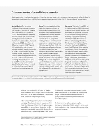 negative from 2019 to 2021 (Exhibit 3).6
We are
highly unlikely to return to debt costs of essentially
zero—and if we do, it would be amidst a profoundly
weak, potentially stagnating economy.
In the wake of the pandemic, many countries have
seen a significant acceleration in wage growth. In
the United States and the United Kingdom, wages
are up 20 to 25 percent since December 2019, a
pace more than double pre-COVID-19 rates. Since
nominal monetary wages have rarely, if ever, fallen
6
Deutsche Bundesbank; US Federal Reserve Board; McKinsey analysis
7
National statistical agencies; McKinsey analysis.
in developed countries, business leaders should
view this cost reset as permanent. In the eurozone,
wages have experienced smaller increases as
policy makers more directly ameliorated labor
market disruption.7
In this environment, the only sure way for
companies to boost profitable growth is to increase
their productivity. And the potential for productivity
growth is immense.
Performance snapshot of the world’s largest economies
Our analysis of the three largest economies shows that business leaders cannot count on macroeconomic tailwinds alone to
deliver their growth aspirations in 2024. Planning exclusively on a return to pre-COVID-19 growth trends is not prudent.
1
As measured by growth of the Personal Consumption Expenditure (PCE) price index excluding food and energy over the previous year.
2
As measured by growth in the Monetary Union Index of Consumer Prices (MUICP) excluding food and energy over the previous year.
United States: The surprising
resilience of the American consumer
has put the US economy on track for
2 to 3 percent real GDP growth in
2023. Despite that strong spending
and persistently tight labor markets,
broadly measured core inflation
momentum has slowed to 3.2 percent
in November 2023, down from its
5.5 percent peak in 2022.¹ Against
this backdrop, the country looks
increasingly likely to avoid a recession
in 2024. If inflation moves up again,
however, further tightening in 2024
could tip the economy into a recession,
as could a pull-back in consumer
spending. Post-2025, a wide range
of real GDP growth outcomes are
possible, from a lackluster 1 percent
to 3.5 percent if productivity and
investment increases accelerate.
China: The country’s leaders have
made clear their commitment to
support the troubled construction
sector and associated lenders and
to do whatever it takes to minimize
reverberations for the broader
economy. Even so, geopolitical
volatility and short-term headwinds
are almost sure to continue, making
2024 a bumpy ride. Post-2025, the
Chinese economy faces challenges
from a declining working-age
population, which makes even growth
projections around 4.5 percent
annually optimistic. If productivity
growth also slows, China may see real
GDP growth as low as 2.0 percent.
Against this backdrop, companies will
likely see slower growth in mainland
markets, and continue to wrestle with
their reliance on China-dependent
supply chains.
Eurozone: The region’s real GDP fell
in the third quarter of 2023, dragged
down by contractions in Germany and
France and lackluster performance
in Italy. Europe’s ongoing exposure
to energy supply and commodity
shocks caused by the invasion of
Ukraine remains a significant risk.
The European Central Bank faces
a tougher challenge for 2024 than
does the US Federal Reserve as the
conditions in Europe clearly signal
the need for interest rate cuts even
as core inflation remains above 4
percent—more than double the bank’s
target.² After 2025, demographic
and productivity headwinds may lead
to growth rates as low as 1 percent,
although, as in the United States, an
acceleration of productivity alongside
technological innovation and energy
transition could see long-term growth
rates approach 3 percent.
5
2024 and beyond: Will it be economic stagnation or the advent of productivity-driven abundance?
 
