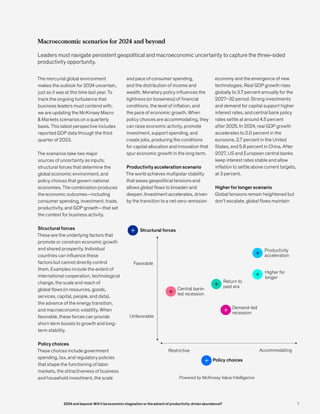 Macroeconomic scenarios for 2024 and beyond
The mercurial global environment
makes the outlook for 2024 uncertain,
just as it was at this time last year. To
track the ongoing turbulence that
business leaders must contend with,
we are updating the McKinsey Macro
& Markets scenarios on a quarterly
basis. This latest perspective includes
reported GDP data through the third
quarter of 2023.
The scenarios take two major
sources of uncertainty as inputs:
structural forces that determine the
global economic environment, and
policy choices that govern national
economies. The combination produces
the economic outcomes—including
consumer spending, investment, trade,
productivity, and GDP growth—that set
the context for business activity.
Structural forces
These are the underlying factors that
promote or constrain economic growth
and shared prosperity. Individual
countries can influence these
factors but cannot directly control
them. Examples include the extent of
international cooperation, technological
change, the scale and reach of
global flows (in resources, goods,
services, capital, people, and data),
the advance of the energy transition,
and macroeconomic volatility. When
favorable, these forces can provide
short-term boosts to growth and long-
term stability.
Policy choices
These choices include government
spending, tax, and regulatory policies
that shape the functioning of labor
markets, the attractiveness of business
and household investment, the scale
and pace of consumer spending,
and the distribution of income and
wealth. Monetary policy influences the
tightness (or looseness) of financial
conditions, the level of inflation, and
the pace of economic growth. When
policy choices are accommodating, they
can raise economic activity, promote
investment, support spending, and
create jobs, producing the conditions
for capital allocation and innovation that
spur economic growth in the long term.
Productivity acceleration scenario
The world achieves multipolar stability
that eases geopolitical tensions and
allows global flows to broaden and
deepen. Investment accelerates, driven
by the transition to a net-zero-emission
economy and the emergence of new
technologies. Real GDP growth rises
globally to 3.7 percent annually for the
2027–32 period. Strong investments
and demand for capital support higher
interest rates, and central bank policy
rates settle at around 4.5 percent
after 2025. In 2024, real GDP growth
accelerates to 2.0 percent in the
eurozone, 2.7 percent in the United
States, and 5.8 percent in China. After
2027, US and European central banks
keep interest rates stable and allow
inflation to settle above current targets,
at 3 percent.
Higher for longer scenario
Global tensions remain heightened but
don’t escalate, global flows maintain
Leaders must navigate persistent geopolitical and macroeconomic uncertainty to capture the three-sided
productivity opportunity.
Structural forces
+
+
+
+
+
+
+
Favorable
Unfavorable
Central bank-
led recession
Return to
past era
Higher for
longer
Demand-led
recession
Productivity
acceleration
Restrictive Accommodating
Policy choices
Powered by McKinsey Value Intelligence
7
2024 and beyond: Will it be economic stagnation or the advent of productivity-driven abundance?
 