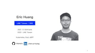 Eric Huang
LINE Taiwan / SRE
2021 : E-SUN bank
2022 : LINE Taiwan
Kubernetes, Rust, eBPF
2
titaneric chen-yi-huang
 