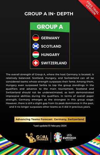 GROUP A IN- DEPTH
*Last update:15 February 2024
The overall strength of Group A, where the host Germany is located, is
relatively balanced. Scotland, Hungary, and Switzerland can all be
considered teams whose strength surpasses their fame. Among them,
Hungary even surpassed Serbia to top the group standings in the
qualiﬁers and advance to the main tournament. Scotland and
Switzerland should not be underestimated, as both demonstrated
impressive abilities during the qualiﬁers. In terms of overall paper
strength, Germany emerges as the strongest in this group stage.
However, there is still a slight gap from its peak dominance in the past,
and it no longer surpasses other teams as it did in previous years.
Advancing Teams Forecast: Germany, Switzerland
F
R
E
E
T
R
I
A
L
V
E
R
S
I
O
N
GROUP A
GERMANY
SCOTLAND
HUNGARY
SWITZERLAND
 