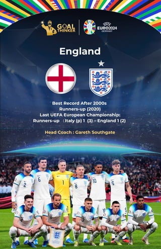 England
Best Record After 2000s
Runners-up (2020)
Last UEFA European Championship:
Runners-up （Italy (p) 1 (3) – England 1 (2)
Head Coach : Gareth Southgate
 
