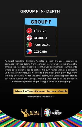 *Last update:15 February 2024
GROUP F
TÜRKIYE
GEORGIA
PORTUGAL
CZECHIA
GROUP F IN- DEPTH
Portugal, boasting Cristiano Ronaldo in their lineup, is capable to
compete with top teams from technical view. However, the chemistry
among the stars continues to get in the way during major tournaments
where each player tends to each of his own rather than as a cohesive
unit. This is why Portugal has yet to bring back their glory days from
winning Euro 2016. As for the other teams, the Czech Republic stands
out while Turkey and Georgia, making their debut in the European
Championship ﬁnals, might struggle to do so in this group.
Advancing Teams Forecast: Portugal , Czechia
 