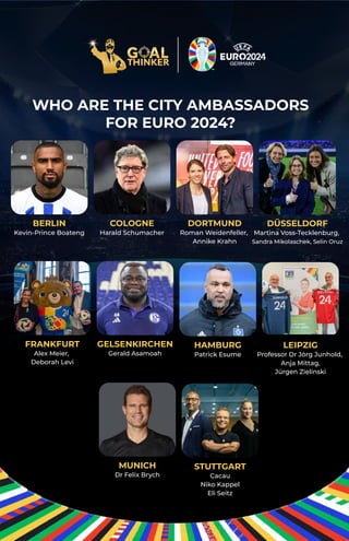 WHO ARE THE CITY AMBASSADORS
FOR EURO 2024?
BERLIN
Kevin-Prince Boateng
COLOGNE
Harald Schumacher
DORTMUND
Roman Weidenfeller,
Annike Krahn
DÜSSELDORF
Martina Voss-Tecklenburg,
Sandra Mikolaschek, Selin Oruz
FRANKFURT
Alex Meier,
Deborah Levi
GELSENKIRCHEN
Gerald Asamoah
HAMBURG
Patrick Esume
MUNICH
Dr Felix Brych
STUTTGART
Cacau
Niko Kappel
Eli Seitz
LEIPZIG
Professor Dr Jörg Junhold,
Anja Mittag,
Jürgen Zielinski
 