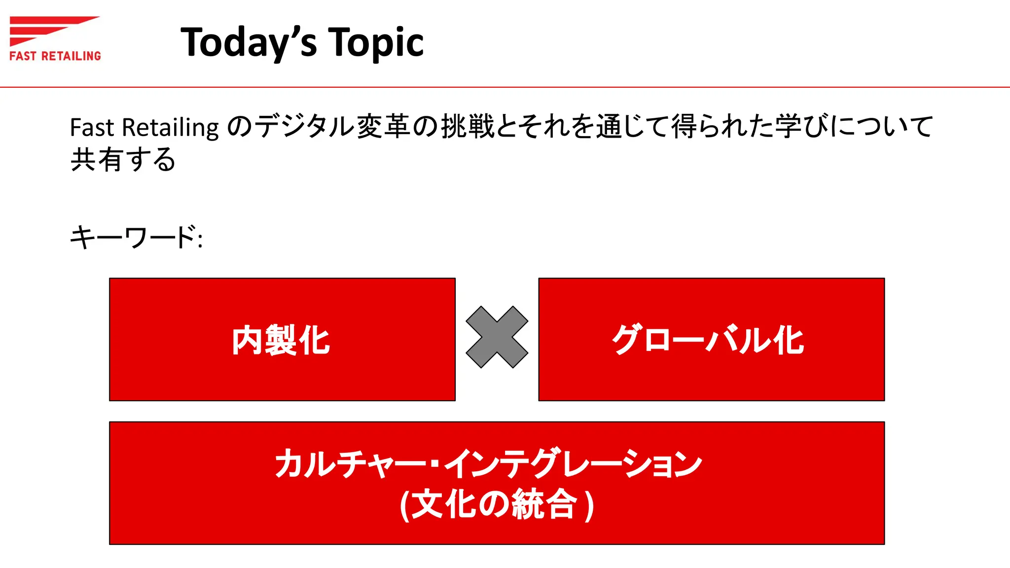 Today’s Topic
Fast Retailing のデジタル変革の挑戦とそれを通じて得られた学びについて
共有する
キーワード:
内製化 グローバル化
カルチャー・インテグレーション
(文化の統合 )
 