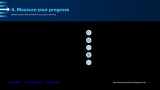 The IT Executive Toolkit for Strategic Planning 15
Follow Us on LinkedIn Become a Client
Gartner for CIOs
Identify metrics that will show if your plan is working.
Use metrics to assess the function’s performance and its progress in delivering
on strategy.
It’s important to understand the difference between measures (observable business
outcomes that show whether your actions plans are working) and metrics (the data
that quantifies those measures).
To choose meaningful metrics:
• Focus on alignment with strategic priorities.
• Don’t over-engineer or over-populate your list of metrics; limit it to a few simple
SMART metrics.
• Mix metrics as needed for different dimensions of the business (e.g., customer,
operational, human capital).
• Identify which metrics will specifically trigger actions predetermined by your
strategic plan.
You will need to revisit your strategic plan as business conditions change; make
sure to realign your measures and metrics accordingly.
Specificity
The metric is sufficiently granular for the goal it measures.
Measurability
The metric can be measured with reasonable ease and accuracy.
Actionability
The metric can lead to action to improve performance.
Relevance
The metric is aligned to overall objectives.
Timeliness
The metric provides early warning signals of approaching risks
or gaps in performance.
4. Measure your progress
Whatever metrics you choose must be SMART:
 