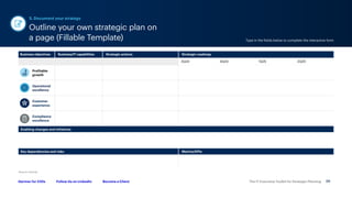 The IT Executive Toolkit for Strategic Planning 20
Follow Us on LinkedIn Become a Client
Gartner for CIOs
Outline your own strategic plan on
a page (Fillable Template) Type in the fields below to complete the interactive form
5. Document your strategy
Source: Gartner
Business objectives Business/IT capabilities Strategic actions Strategic roadmap
3Q24 4Q24 1Q25 2Q25
Profitable
growth
Operational
excellence
Customer
experience
Compliance
excellence
Enabling changes and initiatives
V
Key dependencies and risks Metrics/KPIs
 