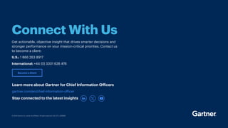 © 2024 Gartner, Inc. and/or its affiliates. All rights reserved. CM_GTS_ 3085882
Connect With Us
Get actionable, objective insight that drives smarter decisions and
stronger performance on your mission-critical priorities. Contact us
to become a client:
U.S.: 1 866 263 8917		
International: +44 (0) 3301 628 476
Become a Client
Learn more about Gartner for Chief Information Officers
gartner.com/en/chief-information-officer
Stay connected to the latest insights
 