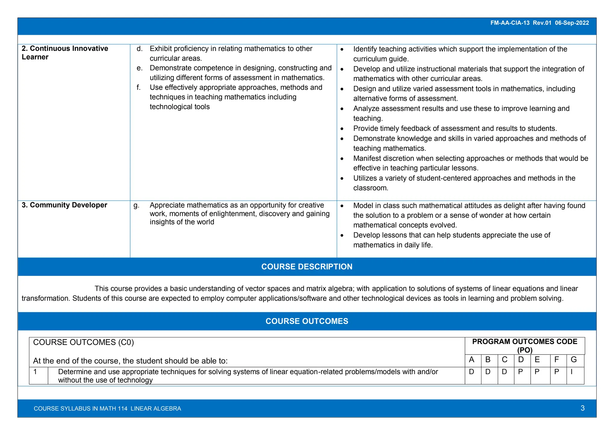 3
FM-AA-CIA-13 Rev.01 06-Sep-2022
COURSE SYLLABUS IN MATH 114 LINEAR ALGEBRA
2. Continuous Innovative
Learner
d. Exhibit proficiency in relating mathematics to other
curricular areas.
e. Demonstrate competence in designing, constructing and
utilizing different forms of assessment in mathematics.
f. Use effectively appropriate approaches, methods and
techniques in teaching mathematics including
technological tools
 Identify teaching activities which support the implementation of the
curriculum guide.
 Develop and utilize instructional materials that support the integration of
mathematics with other curricular areas.
 Design and utilize varied assessment tools in mathematics, including
alternative forms of assessment.
 Analyze assessment results and use these to improve learning and
teaching.
 Provide timely feedback of assessment and results to students.
 Demonstrate knowledge and skills in varied approaches and methods of
teaching mathematics.
 Manifest discretion when selecting approaches or methods that would be
effective in teaching particular lessons.
 Utilizes a variety of student-centered approaches and methods in the
classroom.
3. Community Developer g. Appreciate mathematics as an opportunity for creative
work, moments of enlightenment, discovery and gaining
insights of the world
 Model in class such mathematical attitudes as delight after having found
the solution to a problem or a sense of wonder at how certain
mathematical concepts evolved.
 Develop lessons that can help students appreciate the use of
mathematics in daily life.
COURSE DESCRIPTION
This course provides a basic understanding of vector spaces and matrix algebra; with application to solutions of systems of linear equations and linear
transformation. Students of this course are expected to employ computer applications/software and other technological devices as tools in learning and problem solving.
COURSE OUTCOMES
COURSE OUTCOMES (C0)
At the end of the course, the student should be able to:
PROGRAM OUTCOMES CODE
(PO)
A B C D E F G
1 Determine and use appropriate techniques for solving systems of linear equation-related problems/models with and/or
without the use of technology
D D D P P P I
 