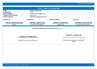 12
FM-AA-CIA-13 Rev.01 06-Sep-2022
COURSE SYLLABUS IN MATH 114 LINEAR ALGEBRA
FACULTY CONTACT INFORMATION
NAME Evelyn U. Roma Cruz
DESIGNATION Faculty
E-MAIL ADDRESS romacruzevelyn2014@gmail.com
CONSULTATION SCHEDULE Friday 1-4PM
OFFICE LOCATION Mathematics Department Office
Prepared by:
EVELYN U. ROMA CRUZ, MAM
Faculty
Checked by:
MARLON L. PERADO, PhD
Department Chairperson
Recommended by:
GEMMA M. DE VERA PhD
College Dean
Approved:
HONORIO L. CASCOLAN, PhD
Campus Executive Director
Certified for Campus/University Utilization for A.Y.________
WEENALEI T. FAJARDO, PhD
Director for Curriculum and Instruction
MANOLITO C. MANUEL EdD
Vice President for Academic and Student
Affairs
 