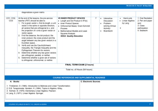 7
FM-AA-CIA-13 Rev.01 06-Sep-2022
COURSE SYLLABUS IN MATH 114 LINEAR ALGEBRA
diagonalizes a given matrix
CO1, CO2,
CO3
At the end of the lessons, the pre-service
teacher (PST) should be able to:
1. For a given vector v, find its length, a unit
vector in the same or opposite direction,
all vectors that are orthogonal to v, and
the projection of v onto a given vector or
vector space.
2. Find the distance, the dot product, the
inner product, the cross product and the
angle between any two given vectors in a
Euclidian space. .
3. Verify and use the CauchySchwarz
Inequality, the Triangle Inequality and the
Pythagorean Theorem for vectors.
4. Determine whether any two given vectors
are orthogonal, parallel, or neither.
5. Determine whether a given set of vectors
is orthogonal, orthonormal, or neither.
VII INNER PRODUCT SPACES
 Length and Dot Product in R^{n}
 Inner Product Spaces
 Orthonormal Bases: Gram-Schmidt
Process
 Mathematical Models and Least
Squares Analysis
SDG4: Quality Education
7  Interactive
Discussion
 Problem-
solving (Group
Activity)
 Boardwork
 Hand-outs
 Linear Algebra
by Lang

1. Oral Recitation
2. Pen and paper
quiz
3. Class
participation
4. Seatwork
FINAL TERM EXAM (2 hours)
Total no. of Hours (54 hours)
COURSE REFERENCES AND SUPPLEMENTAL READINGS
A. Books
1. Finkbeiner, D. (1960). Introduction to Matrices and Linear Transformation.
2. D.B. Taraporevala. Herstein, H. (1964). Topics in Algebra. Wiley.
3. Kolman, B. (1970). Elementary Linear Algebra. Pearson.
4. Lang, S. (1971). Linear Algebra. Springer.
C. Electronic Sources
 