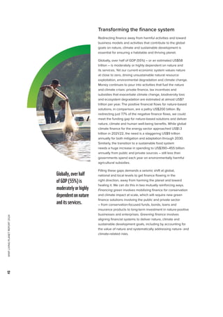 WWF
LIVING
PLANET
REPORT
2024
12
Transforming the finance system
Redirecting finance away from harmful activities and toward
business models and activities that contribute to the global
goals on nature, climate and sustainable development is
essential for ensuring a habitable and thriving planet.
Globally, over half of GDP (55%) – or an estimated US$58
trillion – is moderately or highly dependent on nature and
its services. Yet our current economic system values nature
at close to zero, driving unsustainable natural resource
exploitation, environmental degradation and climate change.
Money continues to pour into activities that fuel the nature
and climate crises: private finance, tax incentives and
subsidies that exacerbate climate change, biodiversity loss
and ecosystem degradation are estimated at almost US$7
trillion per year. The positive financial flows for nature-based
solutions, in comparison, are a paltry US$200 billion. By
redirecting just 7.7% of the negative finance flows, we could
meet the funding gap for nature-based solutions and deliver
nature, climate and human well-being benefits. While global
climate finance for the energy sector approached US$1.3
trillion in 2021/22, the need is a staggering US$9 trillion
annually for both mitigation and adaptation through 2030.
Similarly, the transition to a sustainable food system
needs a huge increase in spending to US$390–455 billion
annually from public and private sources – still less than
governments spend each year on environmentally harmful
agricultural subsidies.
Filling these gaps demands a seismic shift at global,
national and local levels to get finance flowing in the
right direction, away from harming the planet and toward
healing it. We can do this in two mutually reinforcing ways.
Financing green involves mobilizing finance for conservation
and climate impact at scale, which will require new green
finance solutions involving the public and private sector
– from conservation-focused funds, bonds, loans and
insurance products to long-term investment in nature-positive
businesses and enterprises. Greening finance involves
aligning financial systems to deliver nature, climate and
sustainable development goals, including by accounting for
the value of nature and systematically addressing nature- and
climate-related risks.
Globally,overhalf
ofGDP(55%)is
moderatelyorhighly
dependentonnature
anditsservices.
 