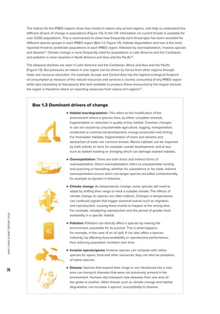 WWF
LIVING
PLANET
REPORT
2024
28
The indices for the IPBES regions show how trends in nature vary across regions, and help us understand the
different drivers of change in populations (Figure 1.5). In the LPI, information on current threats is available for
over 5,000 populations. This is summarized to show how frequently each threat type has been recorded for
different species groups in each IPBES region (Box 1.3, Figure 1.6). Habitat degradation and loss is the most
reported threat to vertebrate populations in each IPBES region, followed by overexploitation, invasive species
and disease16
. Climate change is more frequently cited for populations in Latin America and the Caribbean,
and pollution is most reported in North America and Asia and the Pacific16
.
The steepest declines are seen in Latin America and the Caribbean, Africa and Asia and the Pacific
(Figure 1.5). But pressures on nature in one region can be driven by forces from other regions through
trade and resource extraction. For example, Europe and Central Asia has the highest ecological footprint
of consumption (a measure of the natural resources and services a country consumes) of any IPBES region
while also exceeding its biocapacity (the land available to produce these resources) by the largest amount;
the region is therefore reliant on importing resources from nature-rich regions25
.

n 
Habitat loss/degradation: This refers to the modification of the
environment where a species lives, by either complete removal,
fragmentation or reduction in quality of key habitat. Common changes
in use are caused by unsustainable agriculture, logging, transportation,
residential or commercial development, energy production and mining.
For freshwater habitats, fragmentation of rivers and streams and
abstraction of water are common threats. Marine habitats can be impacted
by both activity on land, for example coastal development, and at sea,
such as bottom trawling or dredging which can damage seabed habitats.

n 
Overexploitation: There are both direct and indirect forms of
overexploitation. Direct overexploitation refers to unsustainable hunting
and poaching or harvesting, whether for subsistence or for trade. Indirect
overexploitation occurs when non-target species are killed unintentionally,
for example as bycatch in fisheries.

n 
Climate change: As temperatures change, some species will need to
adapt by shifting their range to track a suitable climate. The effects of
climate change on species are often indirect. Changes in temperatures
can confound signals that trigger seasonal events such as migration
and reproduction, causing these events to happen at the wrong time.
For example, misaligning reproduction and the period of greater food
availability in a specific habitat.
n 
Pollution: Pollution can directly affect a species by making the
environment unsuitable for its survival. This is what happens,
for example, in the case of an oil spill. It can also affect a species
indirectly, by affecting food availability or reproductive performance,
thus reducing population numbers over time.
n 
Invasive species/genes: Invasive species can compete with native
species for space, food and other resources; they can also be predators
of native species.

n 
Disease: Species that expand their range or are introduced into a new
area can transport diseases that were not previously present in the
environment. Humans also transport new diseases from one area of
the globe to another. Other threats such as climate change and habitat
degradation can increase a species’ susceptibility to disease.
Box 1.3 Dominant drivers of change
 