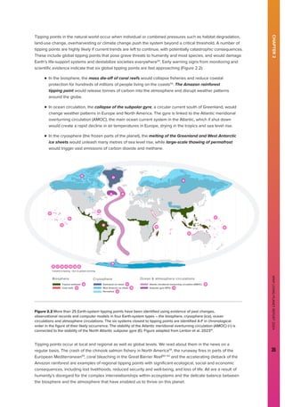 WWF
LIVING
PLANET
REPORT
2024
35
CHAPTER
2
Tipping points in the natural world occur when individual or combined pressures such as habitat degradation,
land-use change, overharvesting or climate change push the system beyond a critical threshold. A number of
tipping points are highly likely if current trends are left to continue, with potentially catastrophic consequences.
These include global tipping points that pose grave threats to humanity and most species, and would damage
Earth’s life-support systems and destabilize societies everywhere54
. Early warning signs from monitoring and
scientific evidence indicate that six global tipping points are fast approaching (Figure 2.2):
	
n 
In the biosphere, the mass die-off of coral reefs would collapse fisheries and reduce coastal
protection for hundreds of millions of people living on the coasts56
. The Amazon rainforest
tipping point would release tonnes of carbon into the atmosphere and disrupt weather patterns
around the globe.
	
n 
In ocean circulation, the collapse of the subpolar gyre, a circular current south of Greenland, would
change weather patterns in Europe and North America. The gyre is linked to the Atlantic meridional
overturning circulation (AMOC), the main ocean current system in the Atlantic, which if shut down
would create a rapid decline in air temperatures in Europe, drying in the tropics and sea level rise.
n 
In the cryosphere (the frozen parts of the planet), the melting of the Greenland and West Antarctic
ice sheets would unleash many metres of sea level rise, while large-scale thawing of permafrost
would trigger vast emissions of carbon dioxide and methane.
Tipping points occur at local and regional as well as global levels. We read about them in the news on a
regular basis. The crash of the chinook salmon fishery in North America58
, the runaway fires in parts of the
European Mediterranean59
, coral bleaching in the Great Barrier Reef60–62
and the accelerating dieback of the
Amazon rainforest are examples of regional tipping points with significant ecological, social and economic
consequences, including lost livelihoods, reduced security and well-being, and loss of life. All are a result of
humanity’s disregard for the complex interrelationships within ecosystems and the delicate balance between
the biosphere and the atmosphere that have enabled us to thrive on this planet.
Figure 2.2 More than 25 Earth-system tipping points have been identified using evidence of past changes,
observational records and computer models in four Earth-system types – the biosphere, cryosphere (ice), ocean
circulations and atmosphere circulations. The six systems closest to tipping points are identified A-F in chronological
order in the figure of their likely occurrence. The stability of the Atlantic meridional overturning circulation (AMOC) (+) is
connected to the stability of the North Atlantic subpolar gyre (E). Figure adapted from Lenton et al. 202357
.
Tropical rainforest
Coral reefs
Biosphere
Closest to tipping - due to global warming
Greenland ice sheet
West Antarctic ice sheet
Permafrost
Cryosphere
Atlantic meridional overturning circulation (AMOC)
Subpolar gyre (SPG)
Ocean  atmosphere circulations
+
+
+
 