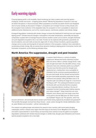 WWF
LIVING
PLANET
REPORT
2024
36
Earlywarningsignals
Crossing tipping points is not inevitable. Good monitoring can help us detect early warning signals –
ecological, climatic and social – of tipping points ahead54
. Monitoring populations of species is one way
we detect disruptions in natural processes. When populations of animals and plants decline and disappear
due to human activity, as discussed in Chapter 1, ecosystems can no longer function as they should, and
the ecosystem loses resilience. In this degraded state, the ecosystem is more susceptible to natural and
additional human disturbances, such as fire, invasive species, overharvest, pollution and climate change.
Ecological degradation combined with climate change increases the likelihood of reaching local and regional
tipping points54
. Climate-induced changes in atmospheric and water temperature, seasonality and species
composition coupled with increasingly frequent extreme weather events such as storms, drought and floods
can push degraded ecosystems into a new state. Forests can be replaced with grasslands, grasslands can
become deserts, and coral reefs can become algal reefs. In many of these transitions, species population
changes serve as early warning signals of reduced resilience in the ecosystem, making it more vulnerable to
accelerating climate change. We are seeing these dynamics leading to tipping points in terrestrial, marine and
freshwater ecosystems, as the following examples show.
North America: fire suppression, drought and pest invasion
In western North America, a century of wildfire
suppression allowed the forest understory to grow
thick and dense. When a climate change-driven, multi-
year drought took hold in the late 20th century, many
adult pine trees and understory plants succumbed63
.
The pine trees that did survive the drought were
weakened by it, making them more susceptible to
infestation by the voracious growing populations of
the pine bark beetle. As the climate warmed further,
the pine bark beetle population expanded its range
northward and upslope, killing 3.8 billion trees in its
migration path and setting the stage for a new kind of
fire (Figure 2.3)64
. The subsequent firestorms burned
the forests with such ferocity that the ecosystem
is now irreparably altered, resulting in the loss of
ecosystem function including water holding capacity
and carbon storage65
. Today, forest fires are more
frequent, more intense and cover larger areas than
at any point in the last 900 years for which records
are available66
(Figure 2.3). This dynamic, which has
become self-driven, will eventually lead to western pine forests being replaced by shrubland and grassland67
.
The benefits that people received from those forests – wood, carbon storage for climate stabilization, clean
air, water filtration and recreation – will be irretrievably lost.
Fire seasons are getting longer and extreme fire seasons more common, with recent years bringing
catastrophic events in almost every region from the tropics to the Arctic Circle. Megafires of an intensity
and extent unprecedented in recent history are becoming more common across the globe as ecosystem
degradation combined with climate-induced changes in rainfall, heat, drought, pest infestations and invasive
species propel ecosystems into a new state.
 