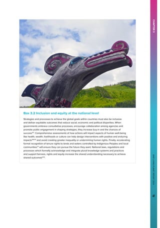 WWF
LIVING
PLANET
REPORT
2024
47
CHAPTER
3
Box 3.2 Inclusion and equity at the national level
Strategies and processes to achieve the global goals within countries must also be inclusive
and deliver equitable outcomes that reduce social, economic and political disparities. When
governments embrace consultative processes, encourage collaboration among agencies and
promote public engagement in shaping strategies, they increase buy-in and the chances of
success107
. Comprehensive assessments of how actions will impact aspects of human well-being
like health, wealth, livelihoods or culture can help design interventions with positive and enduring
impacts109,110
and avoid creating greater inequality or undermining human rights. Finally, accelerating
formal recognition of tenure rights to lands and waters controlled by Indigenous Peoples and local
communities111
will ensure they can pursue the future they want. National laws, regulations and
processes which formally acknowledge and integrate plural knowledge systems and practices
and support fairness, rights and equity increase the shared understanding necessary to achieve
shared outcomes4,112
.
 