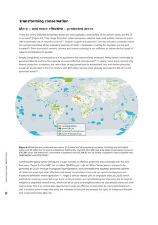 WWF
LIVING
PLANET
REPORT
2024
52
Transforming conservation
More – and more effective – protected areas
There are nearly 300,000 designated protected areas globally, covering 16% of the planet’s lands and 8% of
its oceans116
(Figure 4.1). They range from strict nature preserves, national parks and wildlife reserves to areas
with sustainable use of natural resources117
. Despite a significant expansion over recent years, protected areas
are not representative of the ecological diversity on Earth – freshwater systems, for example, are not well
covered118
. Their distribution remains uneven, and overall coverage is not sufficient to deliver the full range of
nature’s contributions to people.
Simply designating a protected area is no guarantee that nature will be protected. Many remain vulnerable to
persistent threats and lack the capacity to ensure effective management119
. In reality, some areas receive only
limited protection. In addition, the rate of loss of legal protection for established land and marine protected
areas has accelerated in the 21st century, with 247 million hectares lost globally, equivalent to 8% of current
protected areas120
.
Achieving the global goals will require a huge increase in effective protected area coverage over the next
five years. Target 3 of the GBF, the so-called 30x30 target, calls for 30% of lands, waters and sea to be
protected by 2030 “through ecologically representative, well-connected and equitably governed systems
of protected areas and other effective area-based conservation measures, recognizing indigenous and
traditional territories where applicable”93
. Target 2 aims to restore 30% of degraded areas by 2030, which
will include restoring converted areas back to natural states, and rehabilitating and improving the ecological
integrity of degraded natural areas, which can all be used to strengthen networks of protected areas and their
connectivity. This is an unmissable opportunity to scale up effective conservation to unprecedented levels –
and it must be done in ways that avoid the mistakes of the past and respect the rights of Indigenous Peoples
and local communities (Box 4.1).
Figure 4.1 Protected and conserved areas cover 27.3 million km² of terrestrial ecosystems, including land and inland
water, and 36 million km² of marine ecosystems. Additionally, reported other effective area-based conservation measures
(OECMs) cover 2.19 million km² of terrestrial ecosystems and 422,294.82 km² of marine ecosystems. Figure adapted from
UNEP-WCMC and IUCN 2024116
.
 