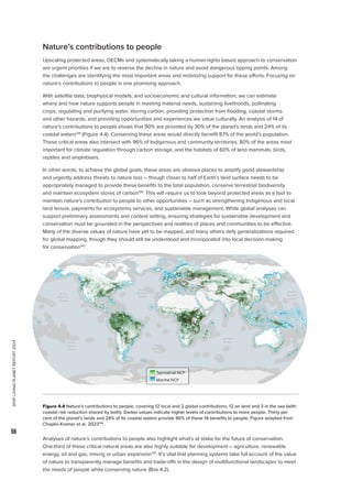 WWF
LIVING
PLANET
REPORT
2024
56
Nature’s contributions to people
Upscaling protected areas, OECMs and systematically taking a human-rights based approach to conservation
are urgent priorities if we are to reverse the decline in nature and avoid dangerous tipping points. Among
the challenges are identifying the most important areas and mobilizing support for these efforts. Focusing on
nature’s contributions to people is one promising approach.
With satellite data, biophysical models, and socioeconomic and cultural information, we can estimate
where and how nature supports people in meeting material needs, sustaining livelihoods, pollinating
crops, regulating and purifying water, storing carbon, providing protection from flooding, coastal storms
and other hazards, and providing opportunities and experiences we value culturally. An analysis of 14 of
nature’s contributions to people shows that 90% are provided by 30% of the planet’s lands and 24% of its
coastal waters138
(Figure 4.4). Conserving these areas would directly benefit 87% of the world’s population.
These critical areas also intersect with 96% of Indigenous and community territories, 80% of the areas most
important for climate regulation through carbon storage, and the habitats of 60% of land mammals, birds,
reptiles and amphibians.
In other words, to achieve the global goals, these areas are obvious places to amplify good stewardship
and urgently address threats to nature loss – though closer to half of Earth’s land surface needs to be
appropriately managed to provide these benefits to the total population, conserve terrestrial biodiversity
and maintain ecosystem stores of carbon139
. This will require us to look beyond protected areas as a tool to
maintain nature’s contribution to people to other opportunities – such as strengthening Indigenous and local
land tenure, payments for ecosystems services, and sustainable management. While global analyses can
support preliminary assessments and context setting, ensuring strategies for sustainable development and
conservation must be grounded in the perspectives and realities of places and communities to be effective.
Many of the diverse values of nature have yet to be mapped, and many others defy generalizations required
for global mapping, though they should still be understood and incorporated into local decision-making
for conservation140
.
Analyses of nature’s contributions to people also highlight what’s at stake for the future of conservation.
One-third of these critical natural areas are also highly suitable for development – agriculture, renewable
energy, oil and gas, mining or urban expansion139
. It’s vital that planning systems take full account of the value
of nature to transparently manage benefits and trade-offs in the design of multifunctional landscapes to meet
the needs of people while conserving nature (Box 4.2).
Figure 4.4 Nature’s contributions to people, covering 12 local and 2 global contributions, 12 on land and 3 in the sea (with
coastal risk reduction shared by both). Darker values indicate higher levels of contributions to more people. Thirty per
cent of the planet’s lands and 24% of its coastal waters provide 90% of these 14 benefits to people. Figure adapted from
Chaplin-Kramer et al. 2023138
.
 