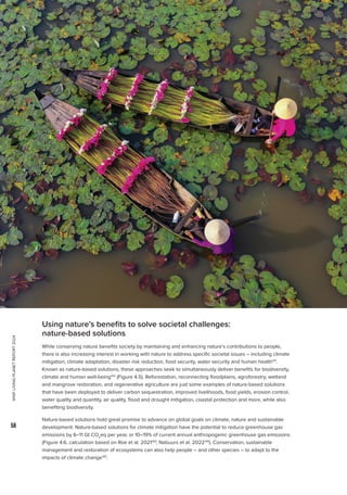 WWF
LIVING
PLANET
REPORT
2024
58
Using nature’s benefits to solve societal challenges:
nature-based solutions
While conserving nature benefits society by maintaining and enhancing nature’s contributions to people,
there is also increasing interest in working with nature to address specific societal issues – including climate
mitigation, climate adaptation, disaster risk reduction, food security, water security and human health141
.
Known as nature-based solutions, these approaches seek to simultaneously deliver benefits for biodiversity,
climate and human well-being142
(Figure 4.5). Reforestation, reconnecting floodplains, agroforestry, wetland
and mangrove restoration, and regenerative agriculture are just some examples of nature-based solutions
that have been deployed to deliver carbon sequestration, improved livelihoods, food yields, erosion control,
water quality and quantity, air quality, flood and drought mitigation, coastal protection and more, while also
benefiting biodiversity.
Nature-based solutions hold great promise to advance on global goals on climate, nature and sustainable
development. Nature-based solutions for climate mitigation have the potential to reduce greenhouse gas
emissions by 6–11 Gt CO2
eq per year, or 10–19% of current annual anthropogenic greenhouse gas emissions
(Figure 4.6, calculation based on Roe et al. 2021143
; Nabuurs et al. 2022144
). Conservation, sustainable
management and restoration of ecosystems can also help people – and other species – to adapt to the
impacts of climate change145
.
 