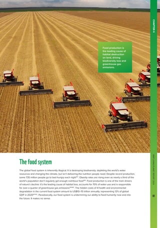 WWF
LIVING
PLANET
REPORT
2024
61
Thefoodsystem
The global food system is inherently illogical. It is destroying biodiversity, depleting the world’s water
resources and changing the climate, but isn’t delivering the nutrition people need. Despite record production,
some 735 million people go to bed hungry each night157
. Obesity rates are rising even as nearly a third of the
world’s population don’t regularly get enough nutritious food158
. Food production is one of the main drivers
of nature’s decline: it’s the leading cause of habitat loss, accounts for 70% of water use and is responsible
for over a quarter of greenhouse gas emissions159,160
. The hidden costs of ill health and environmental
degradation in the current food system amount to US$10–15 trillion annually, representing 12% of global
GDP in 2020161,162
. Paradoxically, our food system is undermining our ability to feed humanity now and into
the future. It makes no sense.
CHAPTER
4
WWF
LIVING
PLANET
REPORT
2024
61
Food production is
the leading cause of
habitat destruction
on land, driving
biodiversity loss and
greenhouse gas
emissions.
 