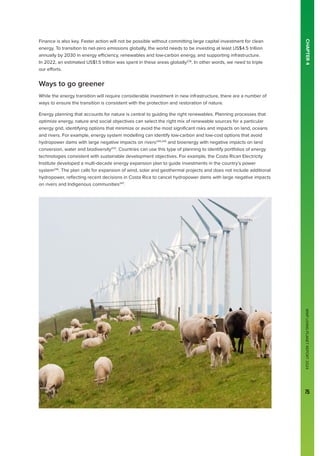 WWF
LIVING
PLANET
REPORT
2024
75
CHAPTER
4
Finance is also key. Faster action will not be possible without committing large capital investment for clean
energy. To transition to net-zero emissions globally, the world needs to be investing at least US$4.5 trillion
annually by 2030 in energy efficiency, renewables and low-carbon energy, and supporting infrastructure.
In 2022, an estimated US$1.5 trillion was spent in these areas globally236
. In other words, we need to triple
our efforts.
Ways to go greener
While the energy transition will require considerable investment in new infrastructure, there are a number of
ways to ensure the transition is consistent with the protection and restoration of nature.
Energy planning that accounts for nature is central to guiding the right renewables. Planning processes that
optimize energy, nature and social objectives can select the right mix of renewable sources for a particular
energy grid, identifying options that minimize or avoid the most significant risks and impacts on land, oceans
and rivers. For example, energy system modelling can identify low-carbon and low-cost options that avoid
hydropower dams with large negative impacts on rivers244,245
and bioenergy with negative impacts on land
conversion, water and biodiversity232
. Countries can use this type of planning to identify portfolios of energy
technologies consistent with sustainable development objectives. For example, the Costa Rican Electricity
Institute developed a multi-decade energy expansion plan to guide investments in the country’s power
system246
. The plan calls for expansion of wind, solar and geothermal projects and does not include additional
hydropower, reflecting recent decisions in Costa Rica to cancel hydropower dams with large negative impacts
on rivers and Indigenous communities247
.
 