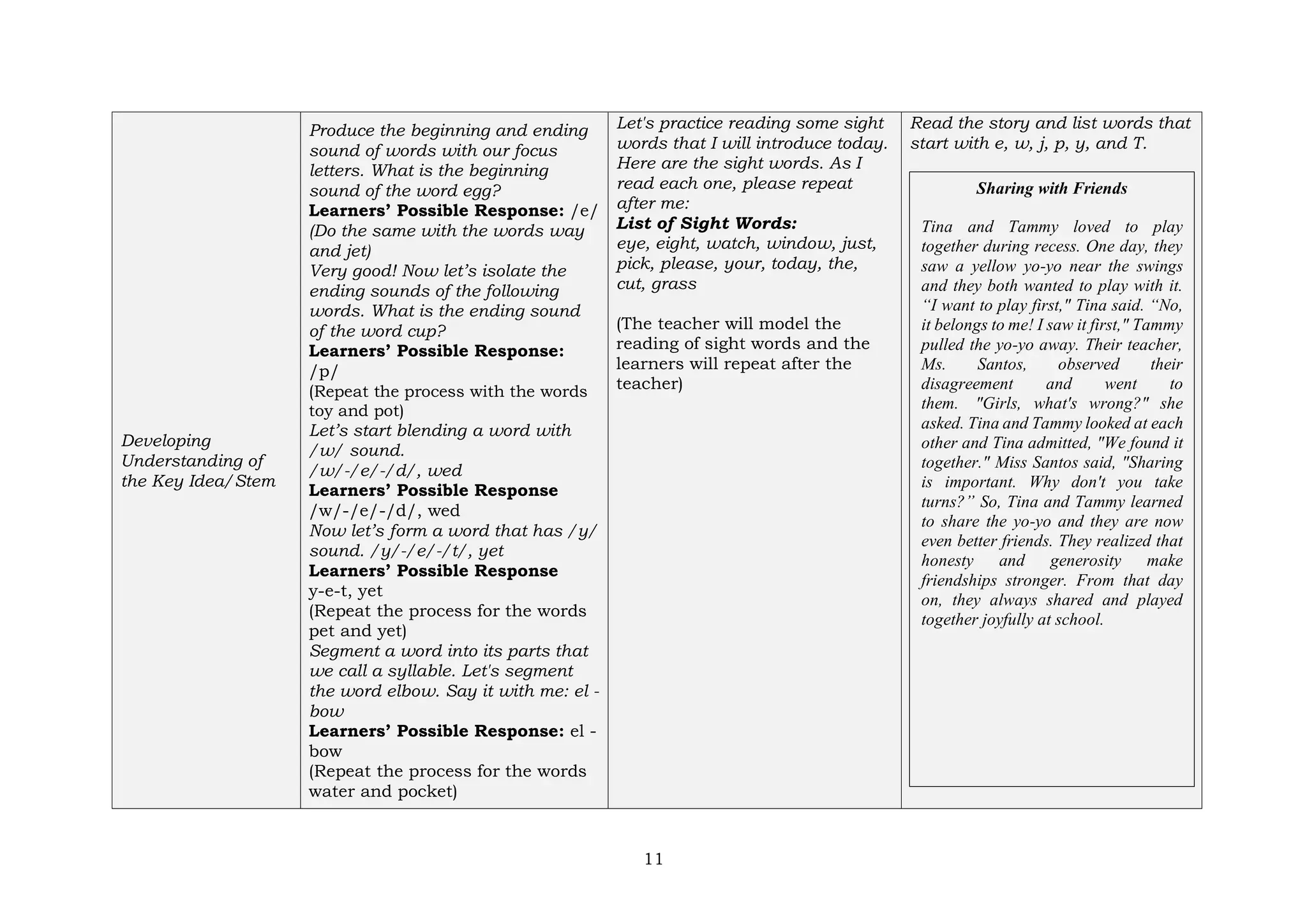 11
Developing
Understanding of
the Key Idea/Stem
Produce the beginning and ending
sound of words with our focus
letters. What is the beginning
sound of the word egg?
Learners’ Possible Response: /e/
(Do the same with the words way
and jet)
Very good! Now let’s isolate the
ending sounds of the following
words. What is the ending sound
of the word cup?
Learners’ Possible Response:
/p/
(Repeat the process with the words
toy and pot)
Let’s start blending a word with
/w/ sound.
/w/-/e/-/d/, wed
Learners’ Possible Response
/w/-/e/-/d/, wed
Now let’s form a word that has /y/
sound. /y/-/e/-/t/, yet
Learners’ Possible Response
y-e-t, yet
(Repeat the process for the words
pet and yet)
Segment a word into its parts that
we call a syllable. Let's segment
the word elbow. Say it with me: el -
bow
Learners’ Possible Response: el -
bow
(Repeat the process for the words
water and pocket)
Let's practice reading some sight
words that I will introduce today.
Here are the sight words. As I
read each one, please repeat
after me:
List of Sight Words:
eye, eight, watch, window, just,
pick, please, your, today, the,
cut, grass
(The teacher will model the
reading of sight words and the
learners will repeat after the
teacher)
Read the story and list words that
start with e, w, j, p, y, and T.
Sharing with Friends
Tina and Tammy loved to play
together during recess. One day, they
saw a yellow yo-yo near the swings
and they both wanted to play with it.
“I want to play first," Tina said. “No,
it belongs to me! I saw it first," Tammy
pulled the yo-yo away. Their teacher,
Ms. Santos, observed their
disagreement and went to
them. "Girls, what's wrong?" she
asked. Tina and Tammy looked at each
other and Tina admitted, "We found it
together." Miss Santos said, "Sharing
is important. Why don't you take
turns?” So, Tina and Tammy learned
to share the yo-yo and they are now
even better friends. They realized that
honesty and generosity make
friendships stronger. From that day
on, they always shared and played
together joyfully at school.
 