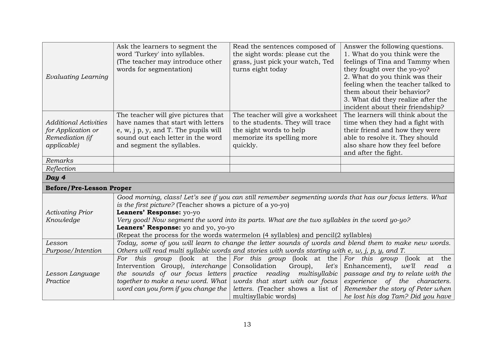 13
Evaluating Learning
Ask the learners to segment the
word 'Turkey' into syllables.
(The teacher may introduce other
words for segmentation)
Read the sentences composed of
the sight words: please cut the
grass, just pick your watch, Ted
turns eight today
Answer the following questions.
1. What do you think were the
feelings of Tina and Tammy when
they fought over the yo-yo?
2. What do you think was their
feeling when the teacher talked to
them about their behavior?
3. What did they realize after the
incident about their friendship?
Additional Activities
for Application or
Remediation (if
applicable)
The teacher will give pictures that
have names that start with letters
e, w, j p, y, and T. The pupils will
sound out each letter in the word
and segment the syllables.
The teacher will give a worksheet
to the students. They will trace
the sight words to help
memorize its spelling more
quickly.
The learners will think about the
time when they had a fight with
their friend and how they were
able to resolve it. They should
also share how they feel before
and after the fight.
Remarks
Reflection
Day 4
Before/Pre-Lesson Proper
Activating Prior
Knowledge
Good morning, class! Let’s see if you can still remember segmenting words that has our focus letters. What
is the first picture? (Teacher shows a picture of a yo-yo)
Leaners’ Response: yo-yo
Very good! Now segment the word into its parts. What are the two syllables in the word yo-yo?
Leaners’ Response: yo and yo, yo-yo
(Repeat the process for the words watermelon (4 syllables) and pencil(2 syllables)
Lesson
Purpose/Intention
Today, some of you will learn to change the letter sounds of words and blend them to make new words.
Others will read multi syllabic words and stories with words starting with e, w, j, p, y, and T.
Lesson Language
Practice
For this group (look at the
Intervention Group), interchange
the sounds of our focus letters
together to make a new word. What
word can you form if you change the
For this group (look at the
Consolidation Group), let's
practice reading multisyllabic
words that start with our focus
letters. (Teacher shows a list of
multisyllabic words)
For this group (look at the
Enhancement), we'll read a
passage and try to relate with the
experience of the characters.
Remember the story of Peter when
he lost his dog Tam? Did you have
 