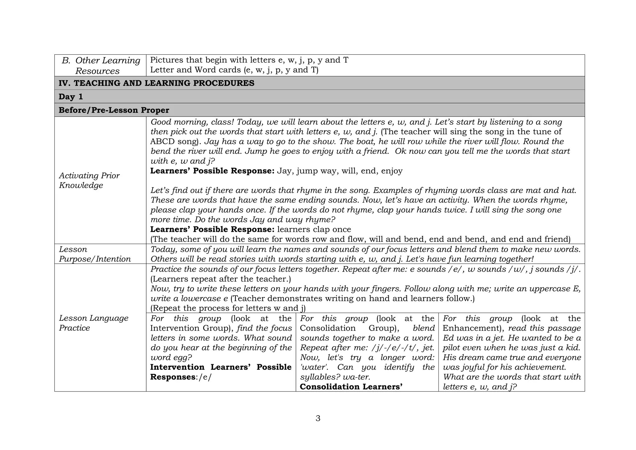 3
B. Other Learning
Resources
Pictures that begin with letters e, w, j, p, y and T
Letter and Word cards (e, w, j, p, y and T)
IV. TEACHING AND LEARNING PROCEDURES
Day 1
Before/Pre-Lesson Proper
Activating Prior
Knowledge
Good morning, class! Today, we will learn about the letters e, w, and j. Let’s start by listening to a song
then pick out the words that start with letters e, w, and j. (The teacher will sing the song in the tune of
ABCD song). Jay has a way to go to the show. The boat, he will row while the river will flow. Round the
bend the river will end. Jump he goes to enjoy with a friend. Ok now can you tell me the words that start
with e, w and j?
Learners’ Possible Response: Jay, jump way, will, end, enjoy
Let’s find out if there are words that rhyme in the song. Examples of rhyming words class are mat and hat.
These are words that have the same ending sounds. Now, let’s have an activity. When the words rhyme,
please clap your hands once. If the words do not rhyme, clap your hands twice. I will sing the song one
more time. Do the words Jay and way rhyme?
Learners’ Possible Response: learners clap once
(The teacher will do the same for words row and flow, will and bend, end and bend, and end and friend)
Lesson
Purpose/Intention
Today, some of you will learn the names and sounds of our focus letters and blend them to make new words.
Others will be read stories with words starting with e, w, and j. Let's have fun learning together!
Lesson Language
Practice
Practice the sounds of our focus letters together. Repeat after me: e sounds /e/, w sounds /w/, j sounds /j/.
(Learners repeat after the teacher.)
Now, try to write these letters on your hands with your fingers. Follow along with me; write an uppercase E,
write a lowercase e (Teacher demonstrates writing on hand and learners follow.)
(Repeat the process for letters w and j)
For this group (look at the
Intervention Group), find the focus
letters in some words. What sound
do you hear at the beginning of the
word egg?
Intervention Learners’ Possible
Responses:/e/
For this group (look at the
Consolidation Group), blend
sounds together to make a word.
Repeat after me: /j/-/e/-/t/, jet.
Now, let's try a longer word:
'water'. Can you identify the
syllables? wa-ter.
Consolidation Learners’
For this group (look at the
Enhancement), read this passage
Ed was in a jet. He wanted to be a
pilot even when he was just a kid.
His dream came true and everyone
was joyful for his achievement.
What are the words that start with
letters e, w, and j?
 