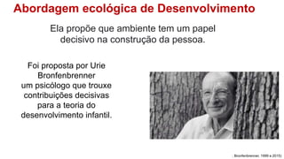 Abordagem ecológica de Desenvolvimento
; Bronfenbrenner, 1999 e 2015)
Ela propõe que ambiente tem um papel
decisivo na construção da pessoa.
Foi proposta por Urie
Bronfenbrenner
um psicólogo que trouxe
contribuições decisivas
para a teoria do
desenvolvimento infantil.
 