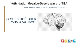 1-Atividade: Mosaico-Desejo para o TEA
ATIVIDADE INDIVIDUAL COMPARTILHADA
O QUE VOCÊ QUER
PARA O AUTISMO
 