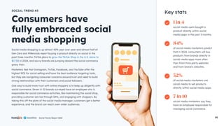 Social Trends Report 2024 19
Social media shopping is up almost 40% year over year and almost half of
Gen Zers and Millennials report buying a product directly on social in the
past three months. TikTok plans to grow the TikTok Shop in the U.S. alone to
$17.5B in 2024, and savvy brands are jumping aboard the social commerce
gravy train.
Marketers feel that Instagram, TikTok, Facebook, and YouTube offer the
highest ROI for social selling and have the best audience targeting tools,
but they are navigating consumer concerns around trust and need to build
strong relationships with their customers and social followers.
One way to build more trust with online shoppers is to keep up diligently with
social commerce. Seven in 10 brands surveyed have an employee who is
responsible for social commerce activities, like maintaining the social shop,
providing customer service through DMs, and engaging with shoppers. By
taking this off the plate of the social media manager, customers get a better
experience, and the brand can reach even wider audiences.
Consumers have
fully embraced social
media shopping
SOCIAL TREND #3
Key stats
social media users bought a
product directly within social
media apps in the past 3 months.
of social media marketers use
social media to sell products
directly within social media apps.
of social media marketers predict
that in 2024, consumers will buy
products from brands directly in
social media apps more often
than from third-party websites
and from brand’s websites.
social media marketers say they
have an employee responsible for
managing social commerce.
1 in 4
52%
84%
7 in 10
Social Trends Report 2024
 